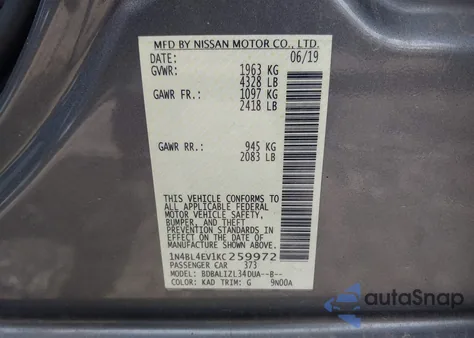 2019 Nissan Altima 2.5 Sl z USA, uszkodzony, nr VIN 1N4BL4EV1KC259972
